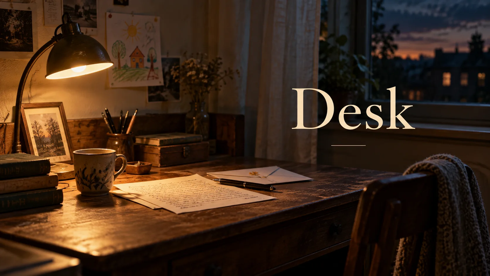 A letter on a modest desk illuminated by a warm evening lamp
