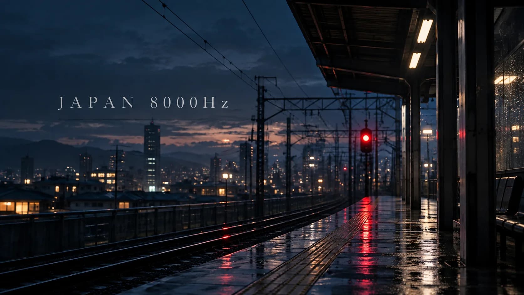 A rain-dark Japanese railway platform at dusk with a red signal