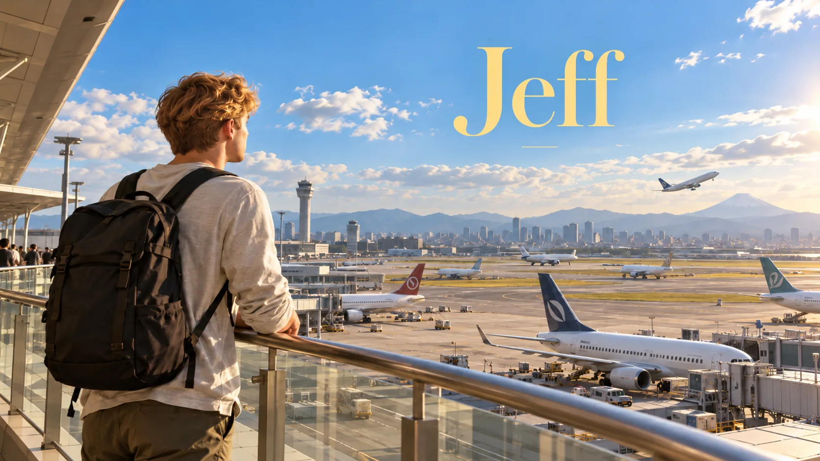Jeff overlooking airplanes from an airport observation deck in bright morning light