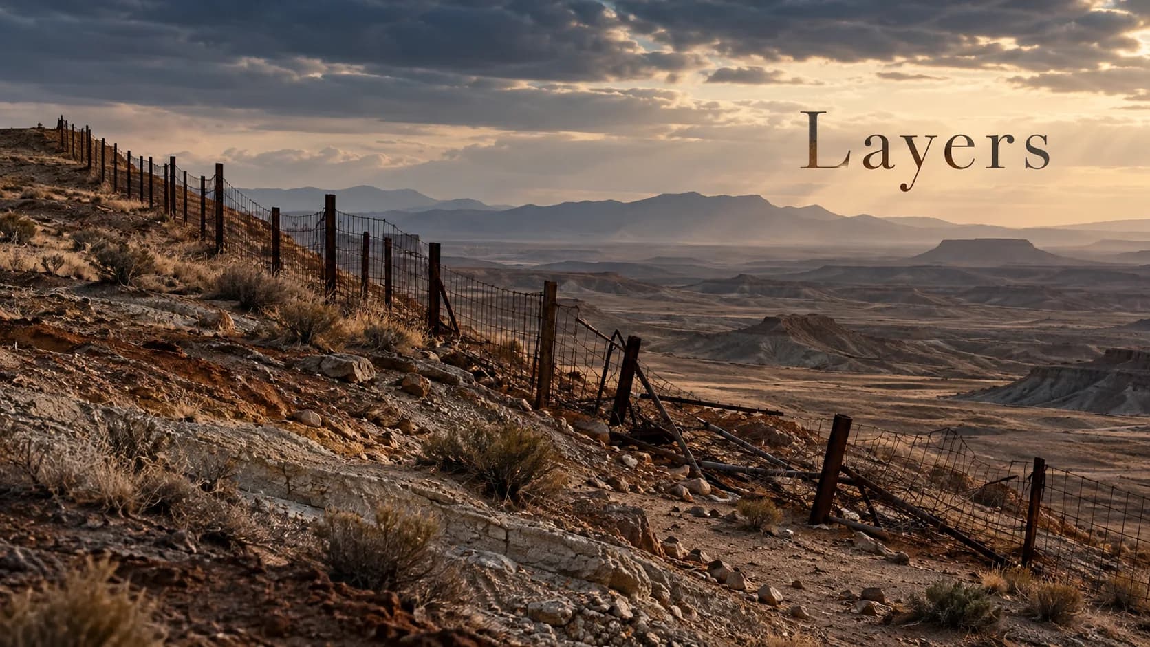 A broken rusted border fence winding across an expansive barren landscape