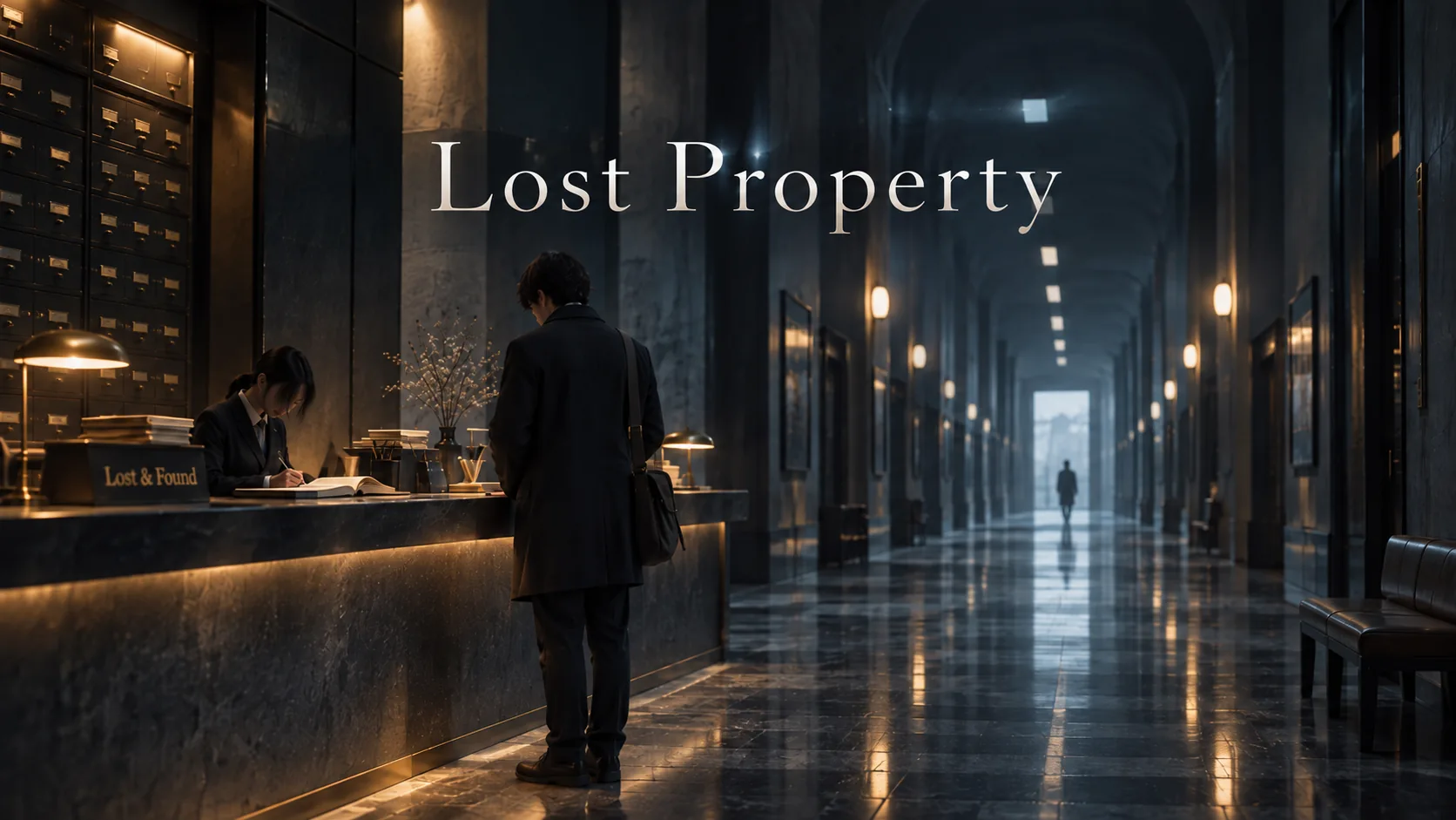 A visitor at a lost property reception counter in a mysterious long corridor