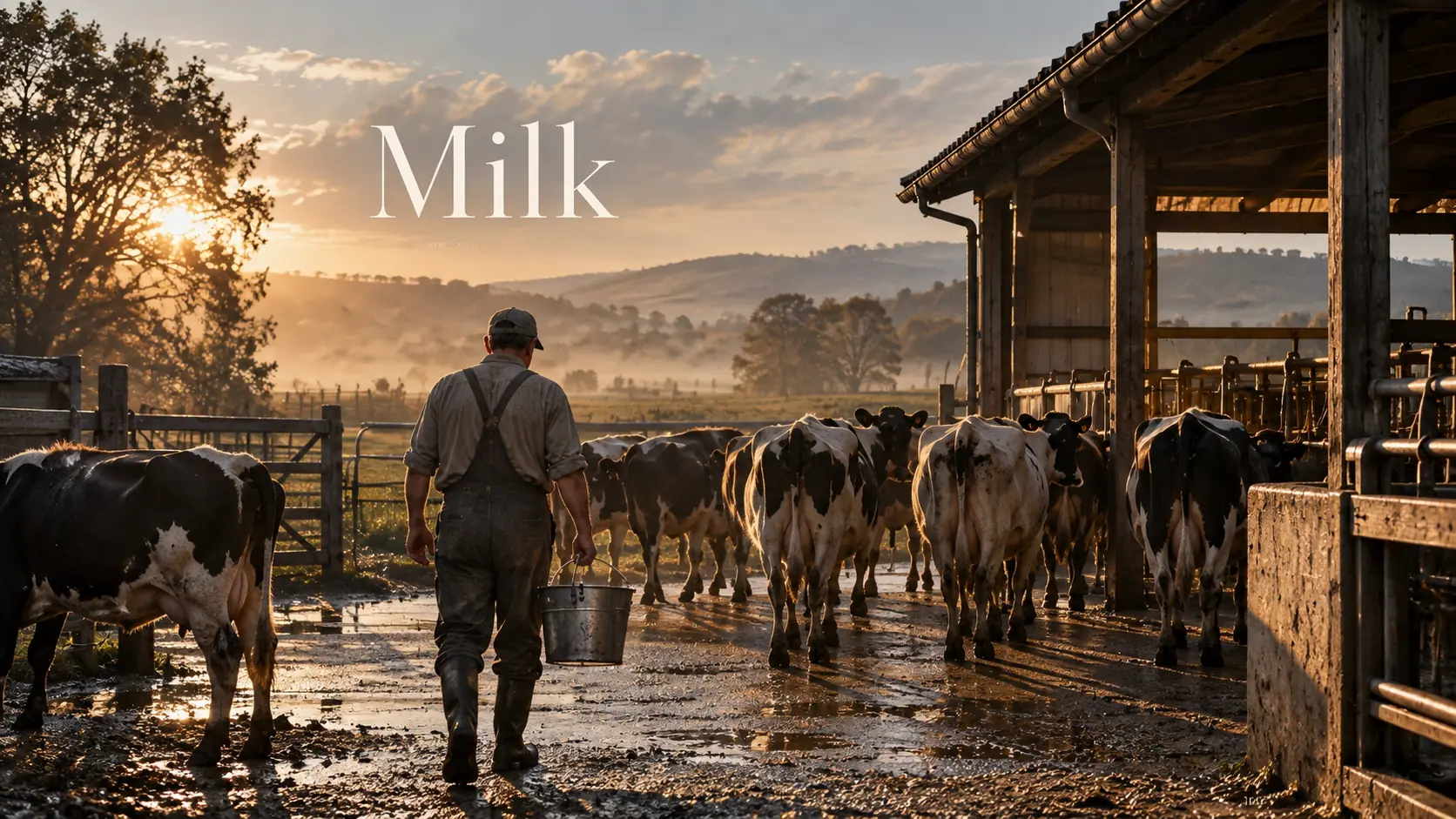 A dairy farmer seen from behind tending a small herd of cows in morning light