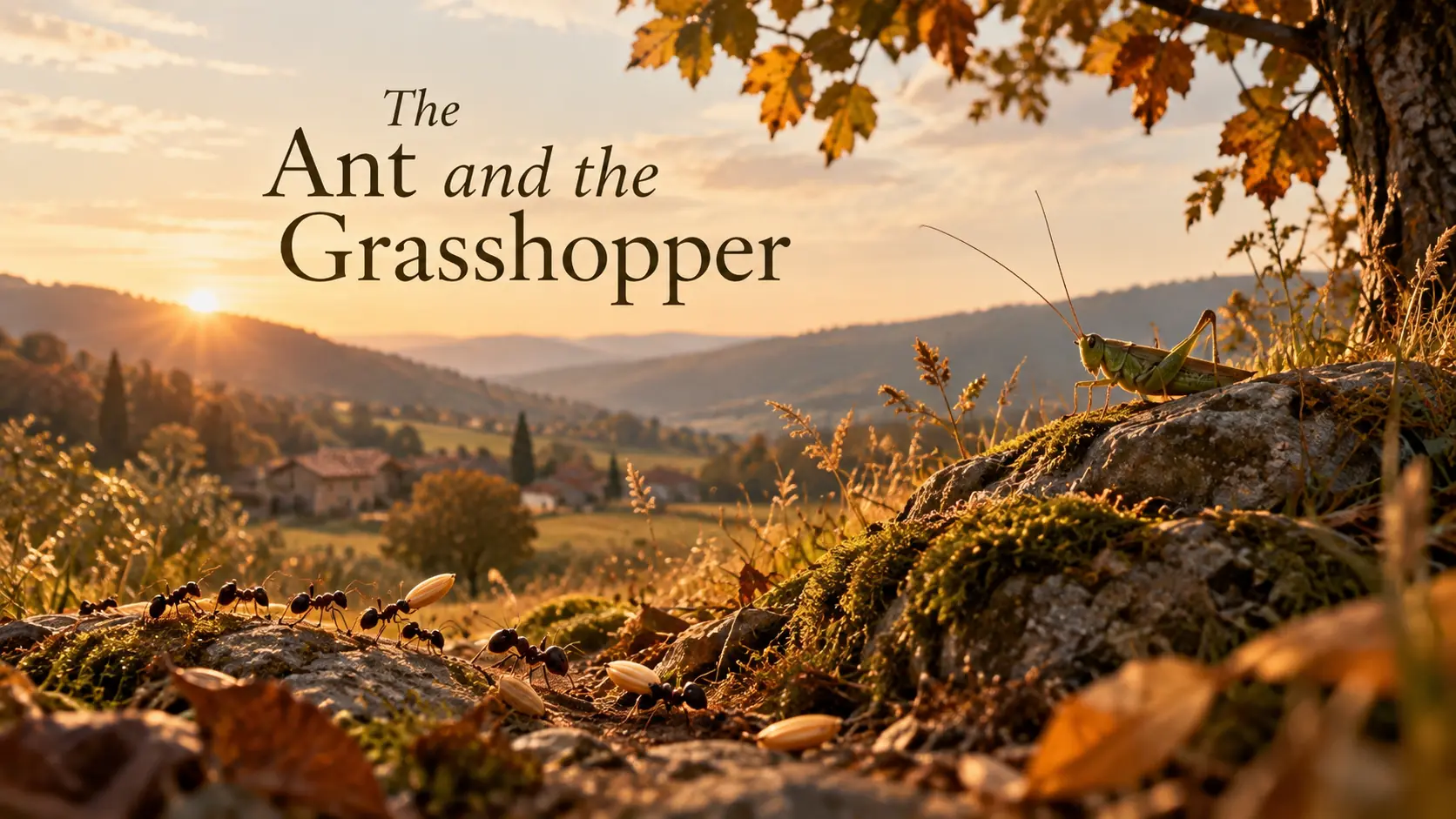 Ants gathering grain as a grasshopper rests above an autumn valley