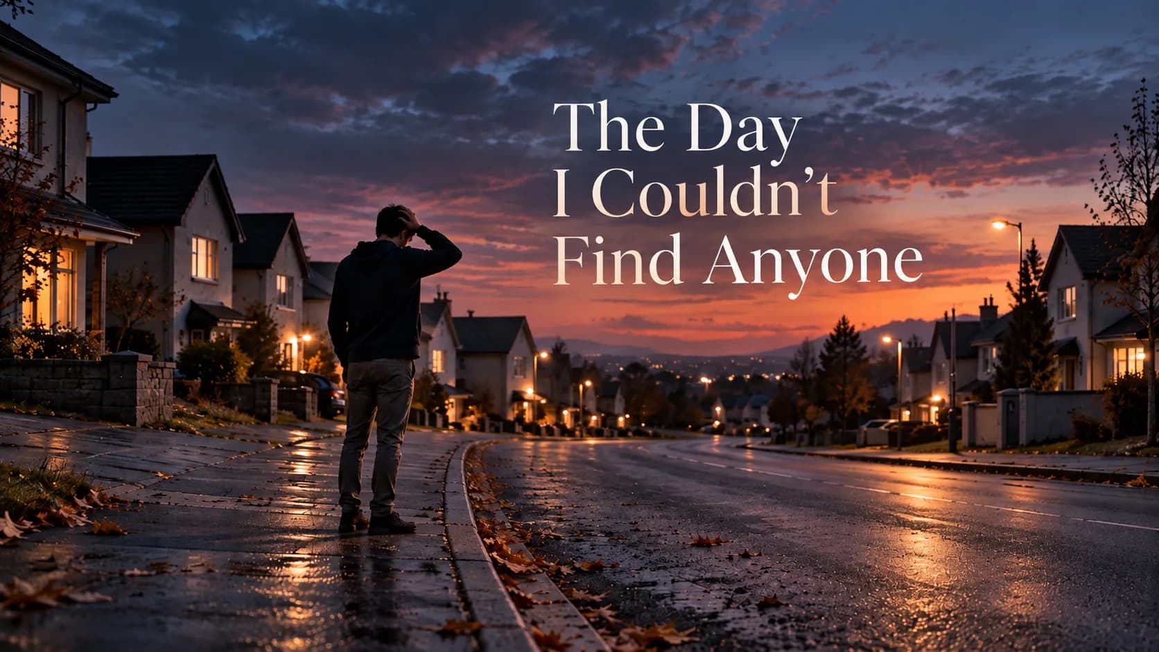 A lone person seen from behind on a quiet residential street at dusk