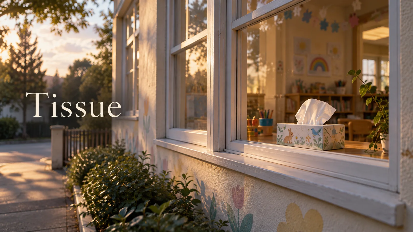 A tissue box on a nursery classroom windowsill seen from outside